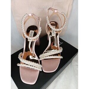 Badgley Mischka Feisty Pearl Block Heel Sandals Size 7 Pink Satin Wedding Prom